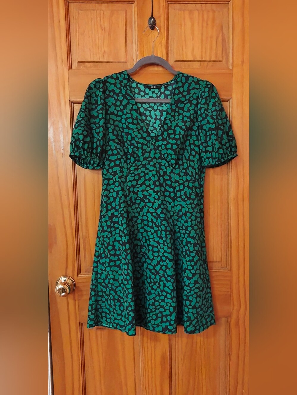Uniqlo Green A Line Flare Mini Puffed Sleeves Dress Size Small S With Pockets!